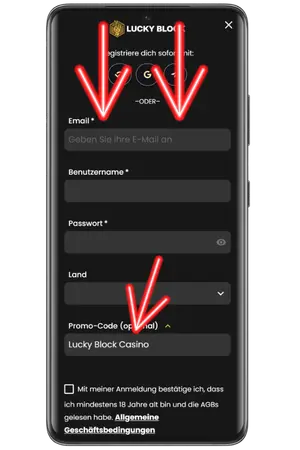 Geben Sie Ihre Registrierungsdaten und den Lucky Block bonus code.